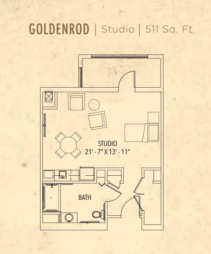 Floor plan of a Goldenrod studio apartment measuring 511 sq. ft.