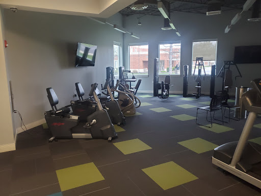 A modern gym space equipped with cardio machines and large windows for natural light.