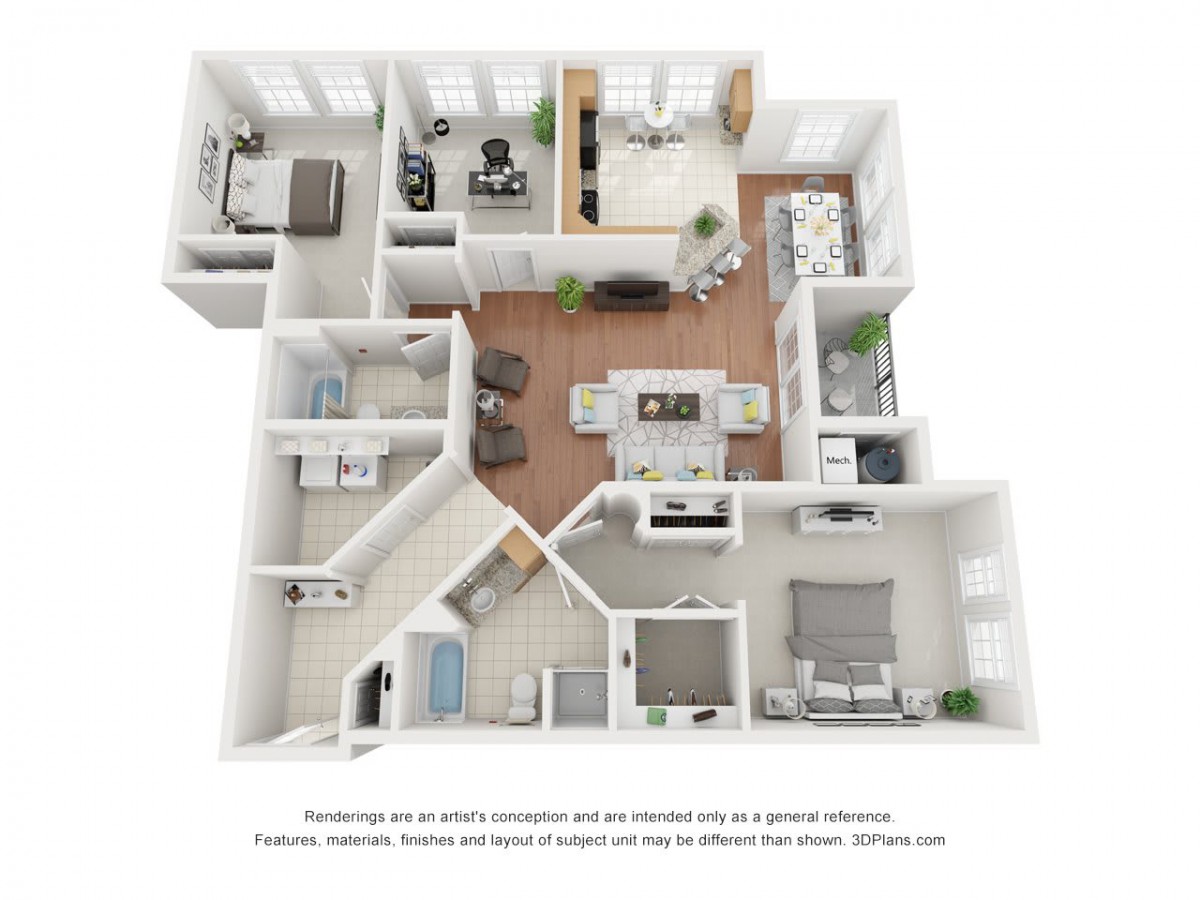 A 3D floor plan of a modern apartment featuring an open-concept living area, two bedrooms, and two bathrooms.