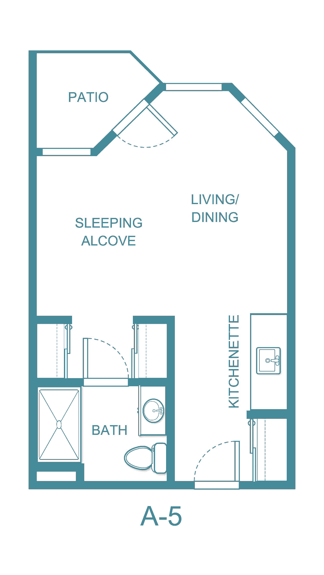 Studio apartment floor plan with sleeping alcove and kitchenette.