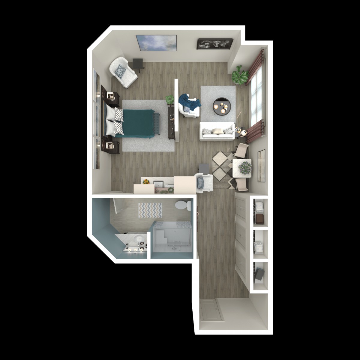 A 3D floor plan of a studio apartment showcasing a compact living space with a bedroom, kitchen, and bathroom.