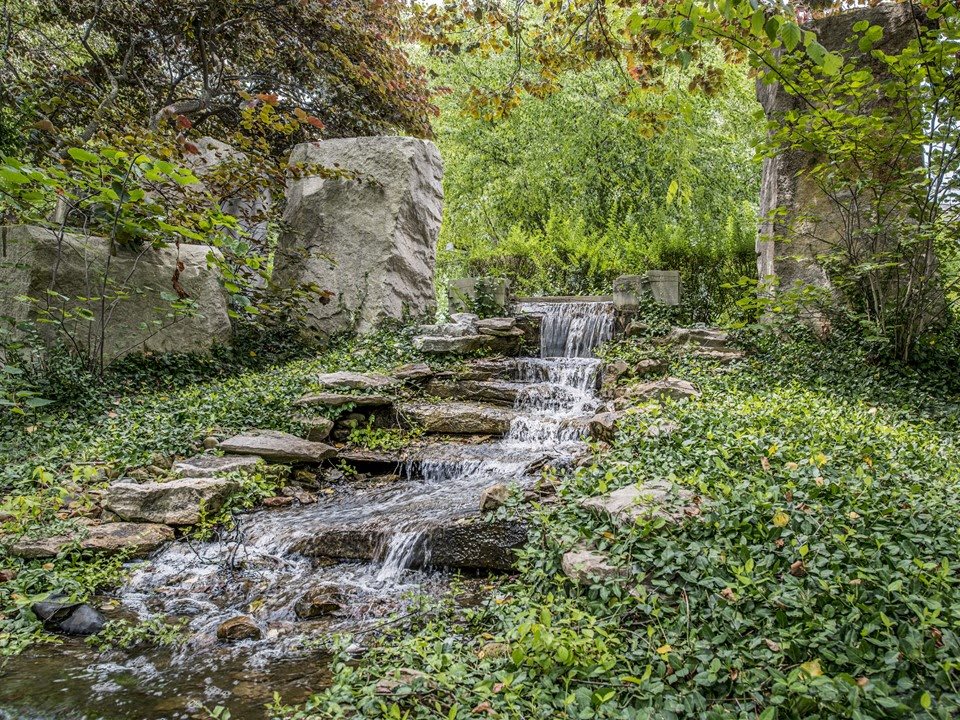 A small cascading waterfall flowing over rocks surrounded by lush greenery.