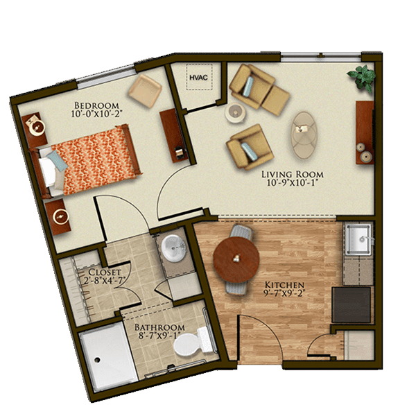 This image shows a one-bedroom apartment floor plan, featuring a living room, kitchen, and bathroom.