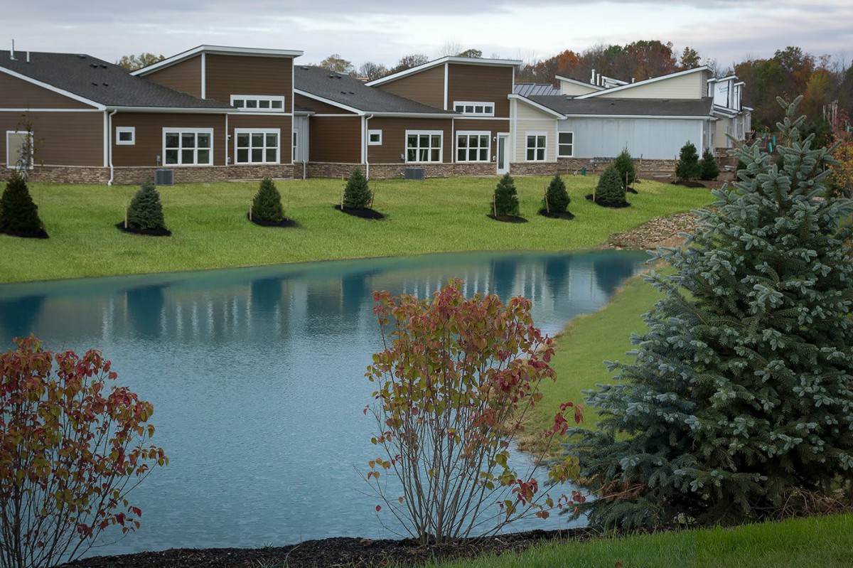 Modern buildings with a landscaped pond and greenery.
