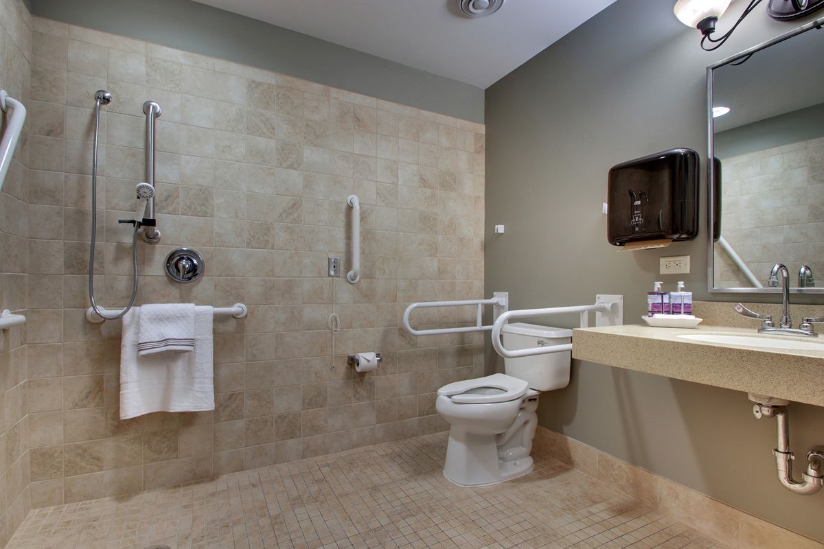 Accessible bathroom with handrails and grab bars for safety.