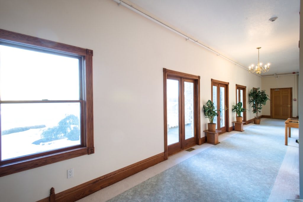 A spacious hallway with large windows and doors, carpeted floor, and potted plants.