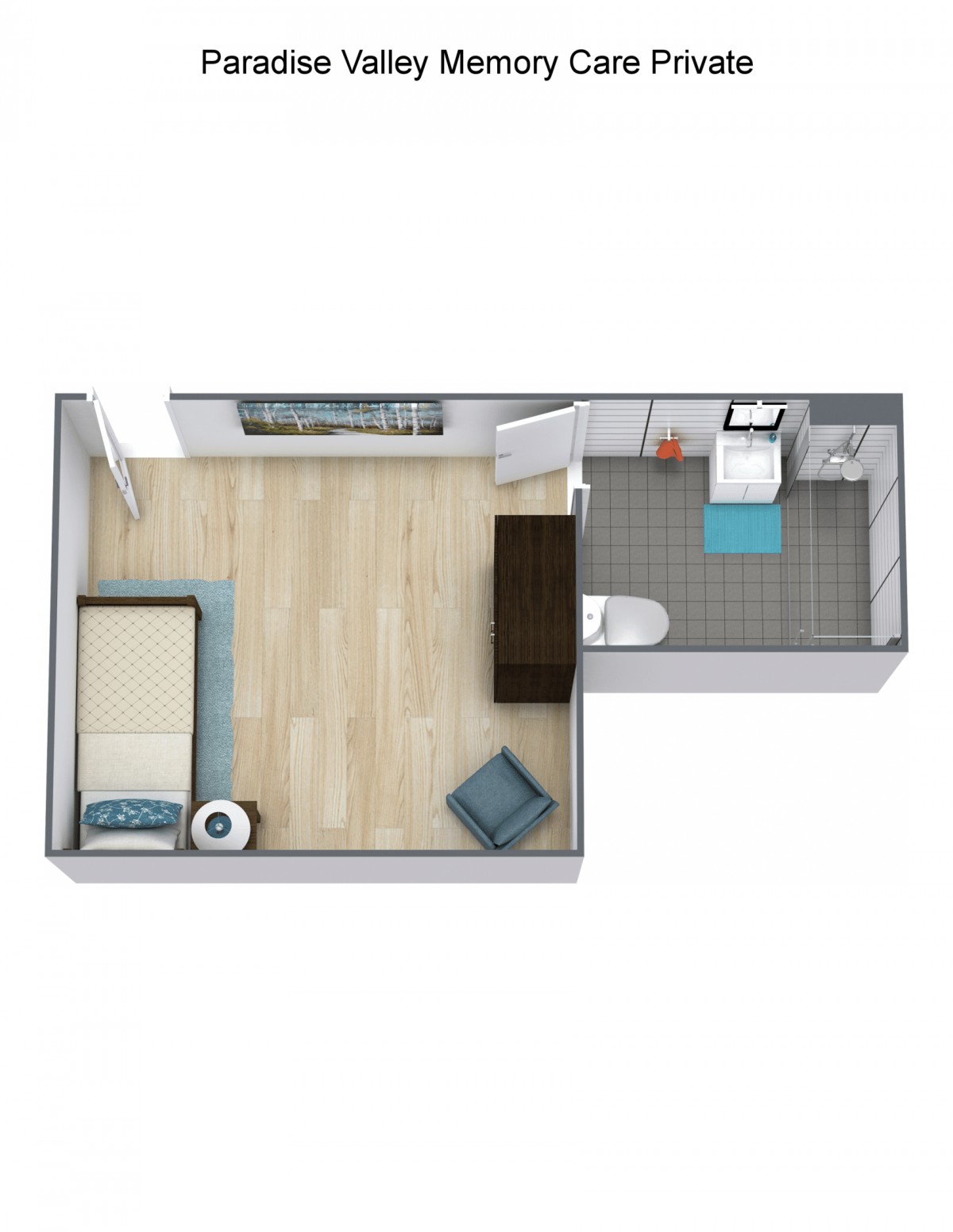 A 3D floor plan of a small apartment featuring a bedroom and an adjoining bathroom.