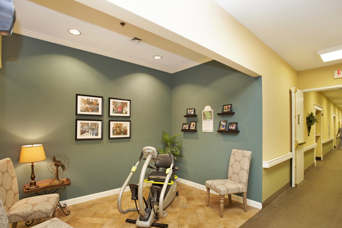 A cozy corner with exercise equipment, decorative wall art, and a chair, against a green-painted wall.
