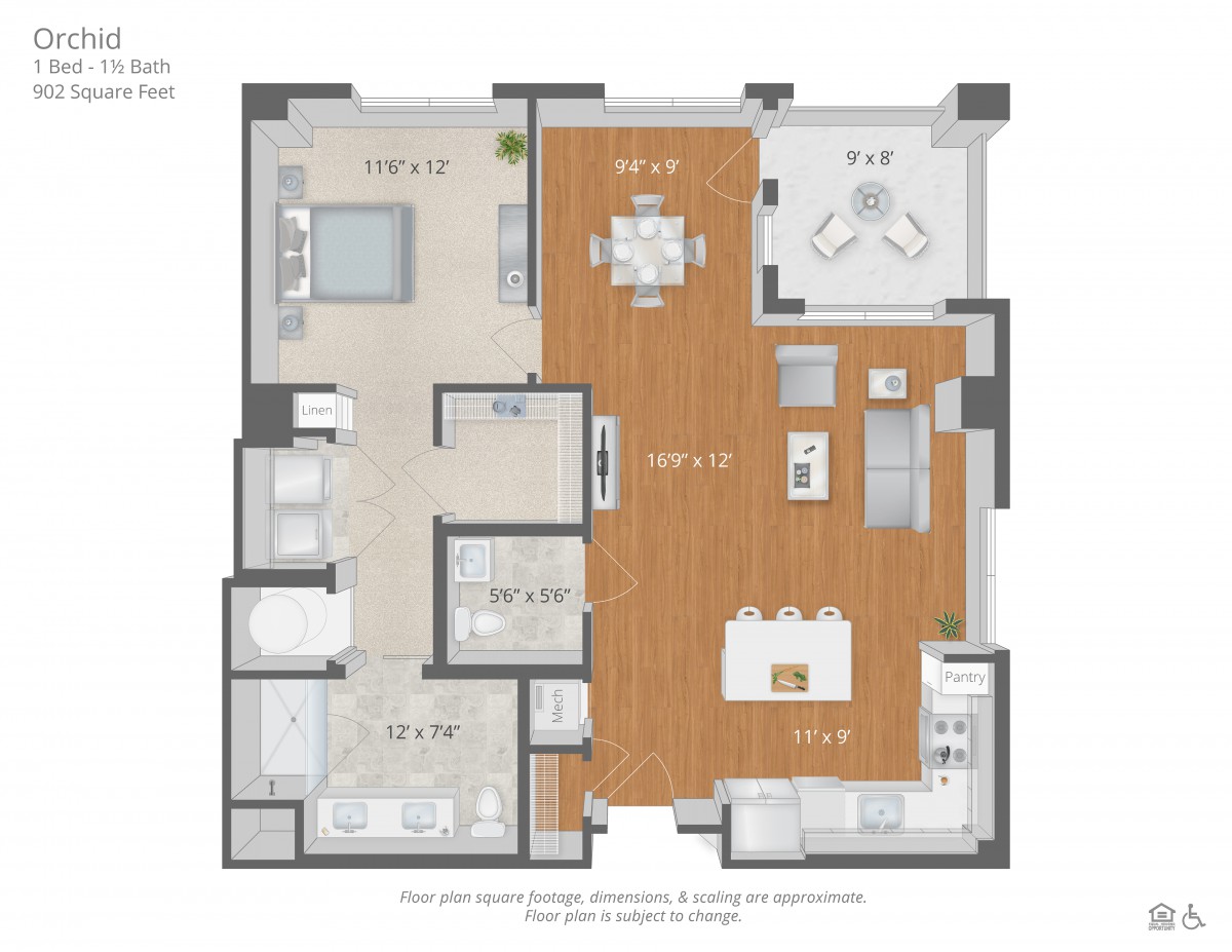A detailed floor plan of an apartment featuring two bedrooms, two bathrooms, a kitchen, dining area, and living room.