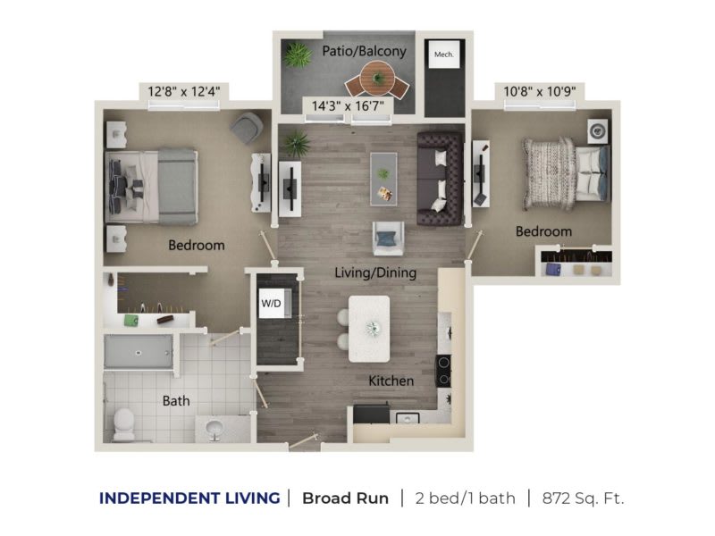 This is a floor plan of an independent living apartment featuring 2 bedrooms and 1 bathroom.