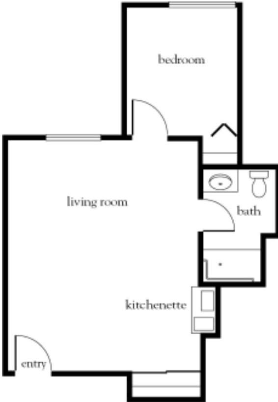 A floor plan showing a studio apartment with a living room, kitchenette, and bathroom.