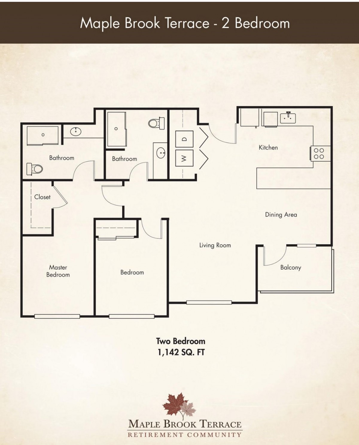 A floor plan of a two-bedroom apartment featuring a living room, kitchen, dining area, and bathrooms.