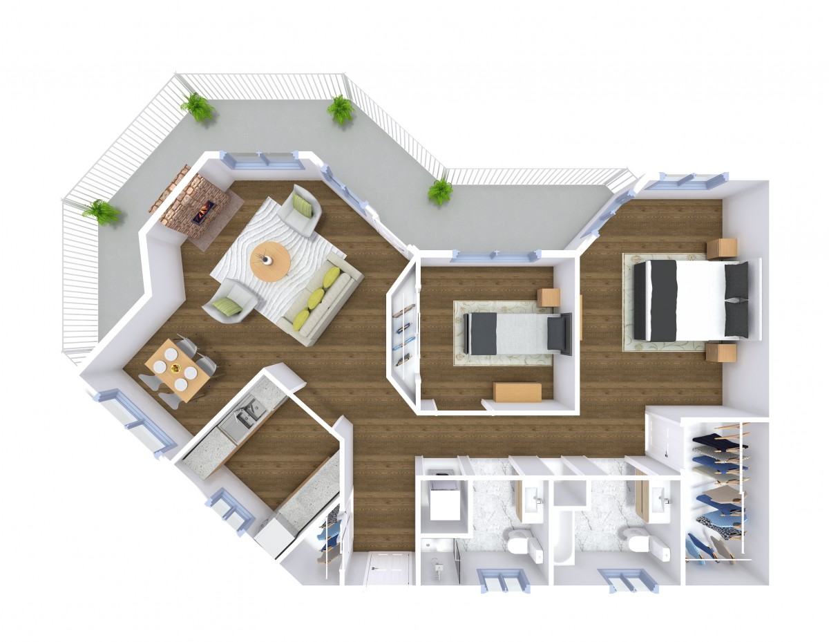 A 3D floor plan of an apartment showing a modern layout with living room, kitchen, and two bedrooms.