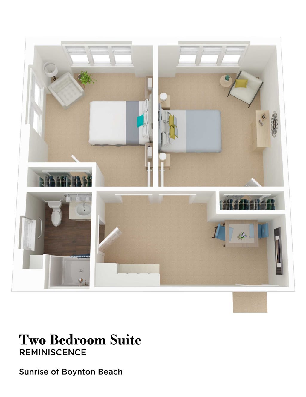 3D floor plan of a two-bedroom suite apartment layout.