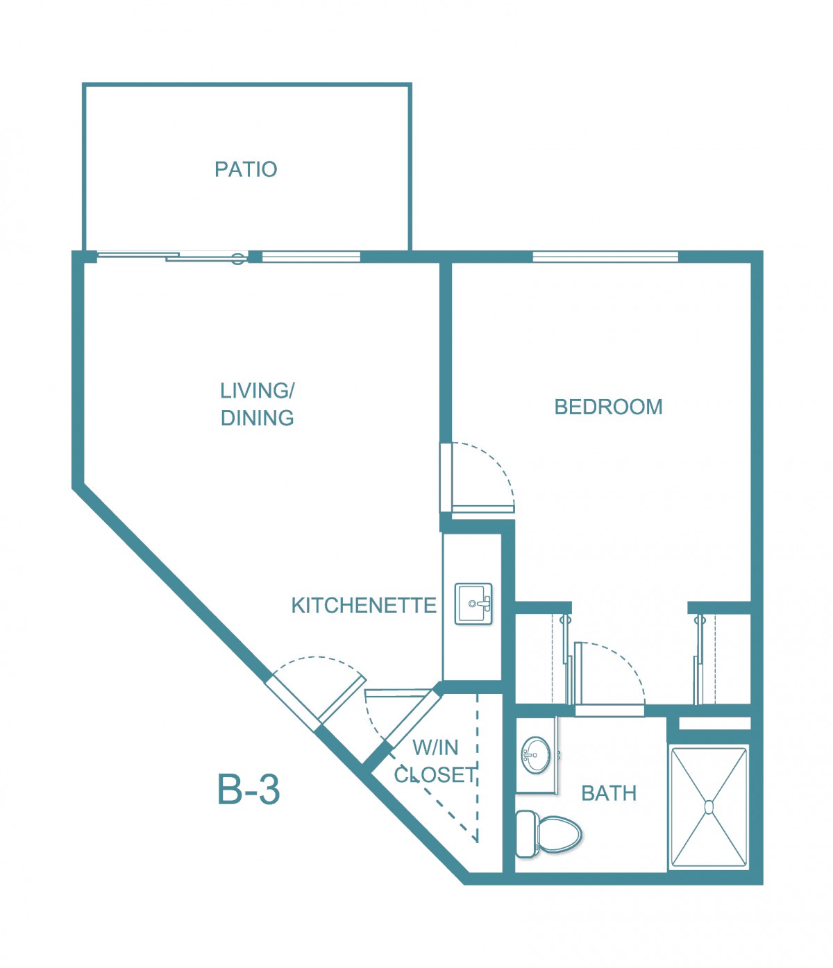 A floor plan of a one-bedroom apartment featuring a living/dining area, kitchen/entry, bathroom, wine closet, and patio.