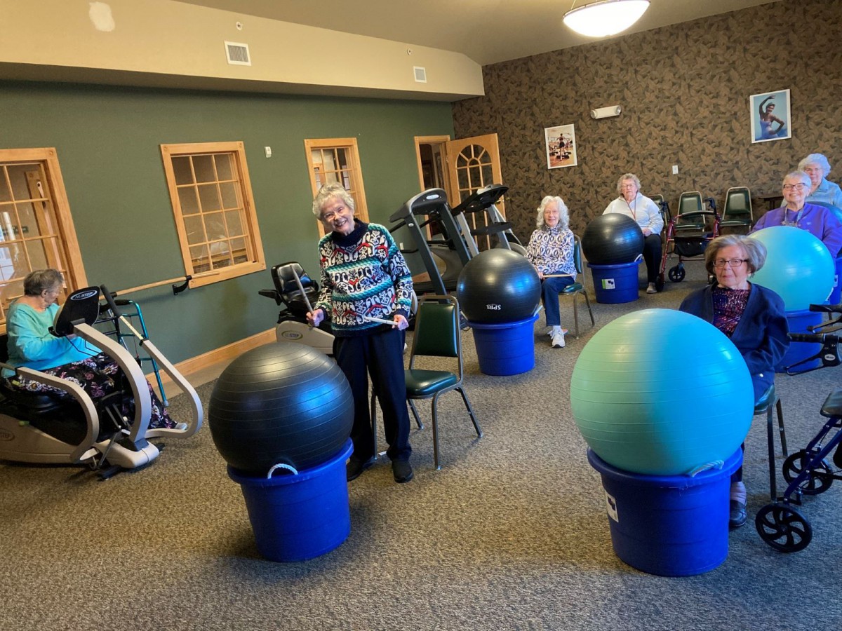 A group of seniors participating in an indoor exercise class using fitness balls.