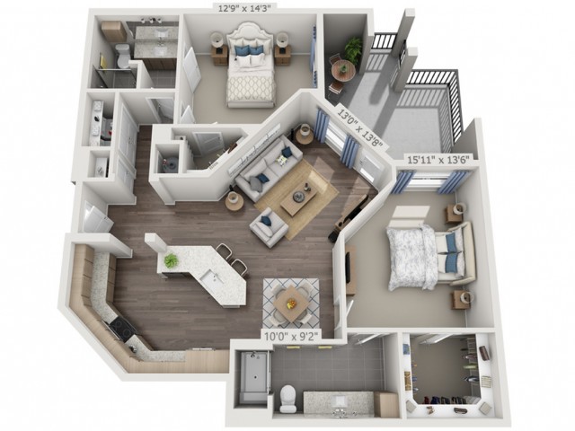 3D floor plan of a two-bedroom apartment with modern interior design.