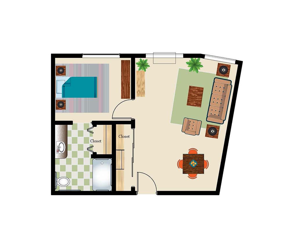 A simple one-bedroom apartment floor plan featuring a combined living and dining area, kitchen, bathroom, and bedroom.