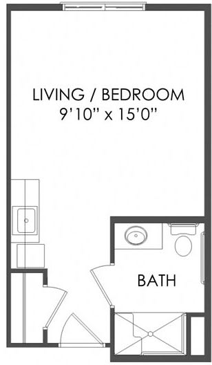 A floor plan of a studio apartment showing the dimensions of the living/bedroom area and bathroom.