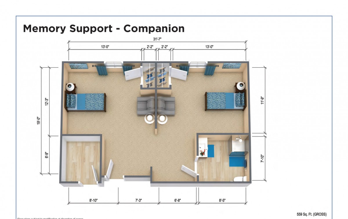 Floor plan of an assisted living companion room with two beds.