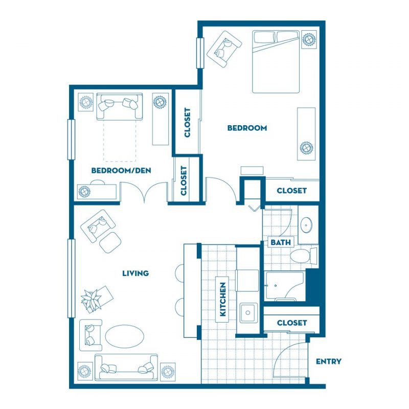 Blueprint of a one-bedroom apartment layout.