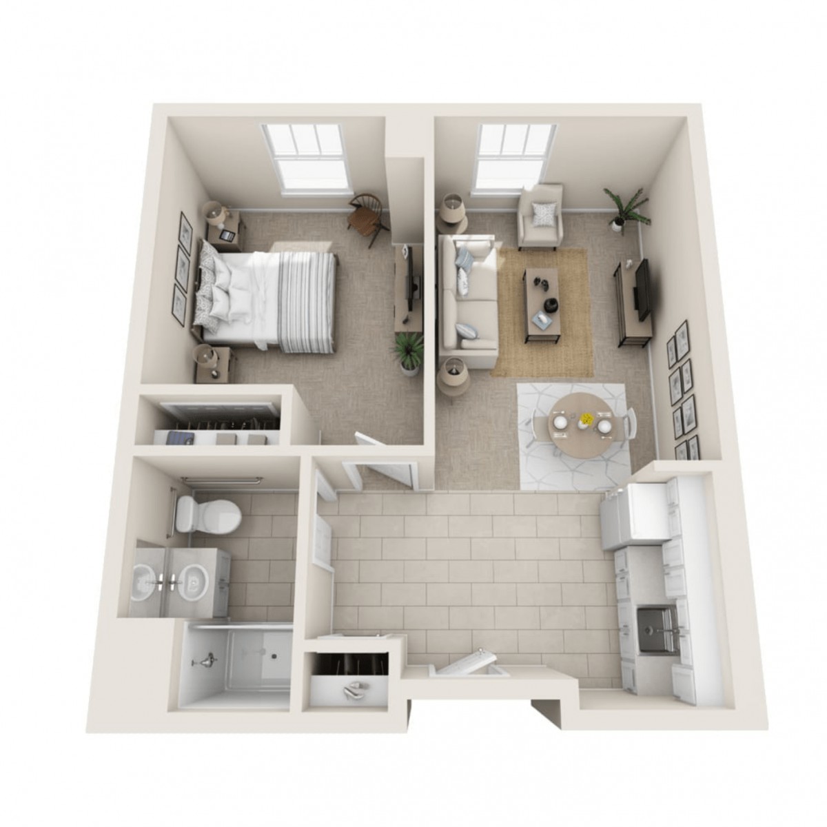 A top-down view of a one-bedroom apartment floor plan showing the layout of the living room, kitchen, bathroom, and bedroom.