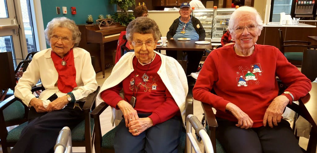 A group of elderly people gathered indoors, some seated in wheelchairs.