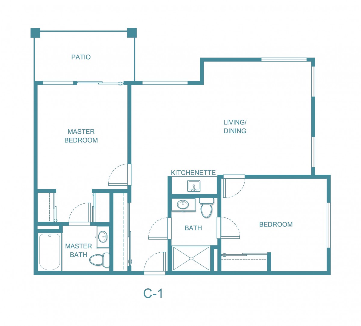 A floor plan featuring a two-bedroom apartment layout with a living/dining area, kitchen, and two bathrooms.