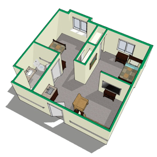 A 3D rendering of a small apartment floor plan showing a basic layout with furniture.