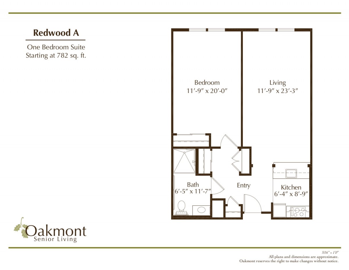 Floor plan of a one-bedroom suite with dimensions for living and bedroom areas.