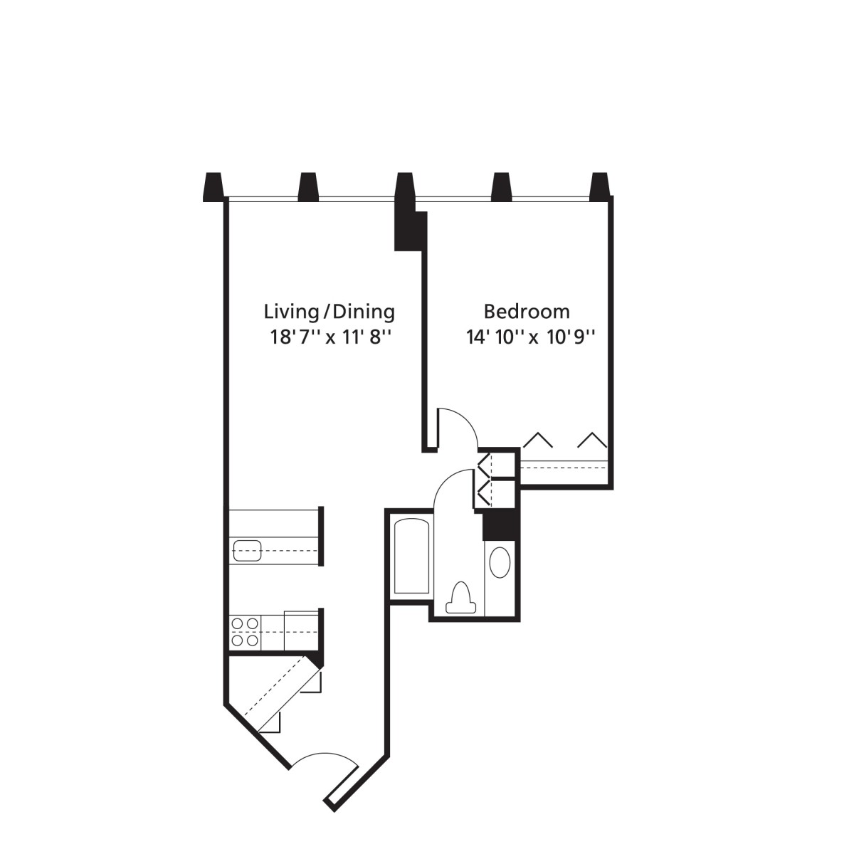 A floor plan of an apartment showing the layout and dimensions of the living/dining area and bedroom.