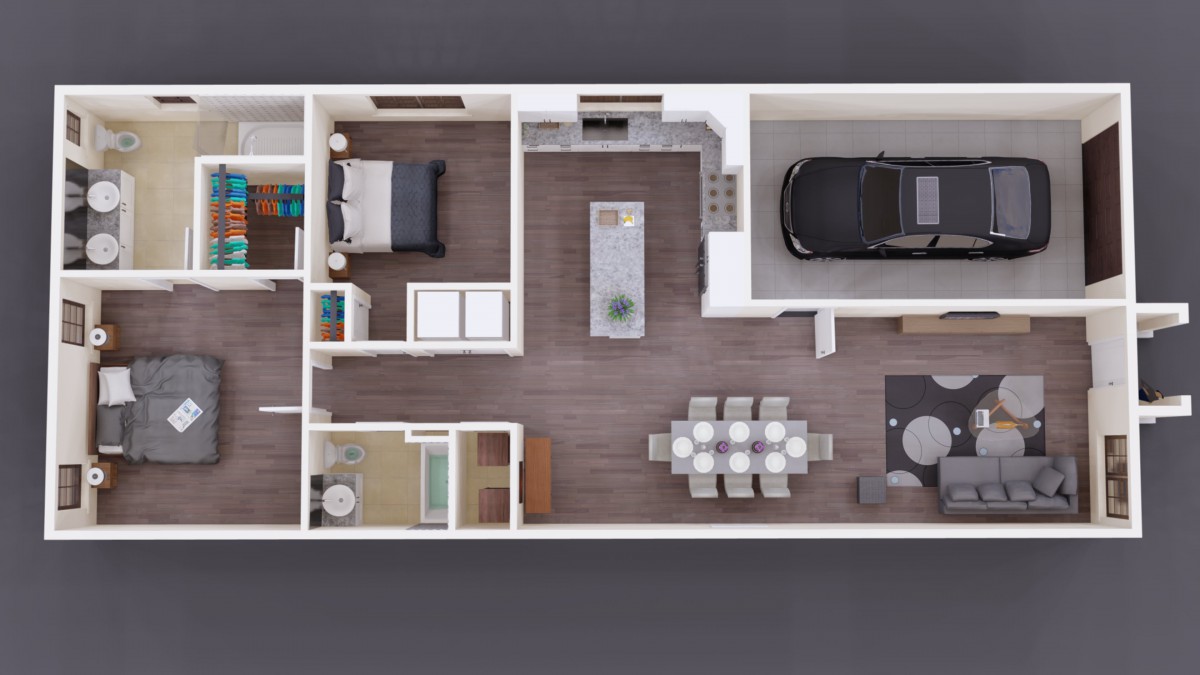 A top view of a modern home floor plan showing a bedroom, bathroom, kitchen, dining area, living room, and garage.
