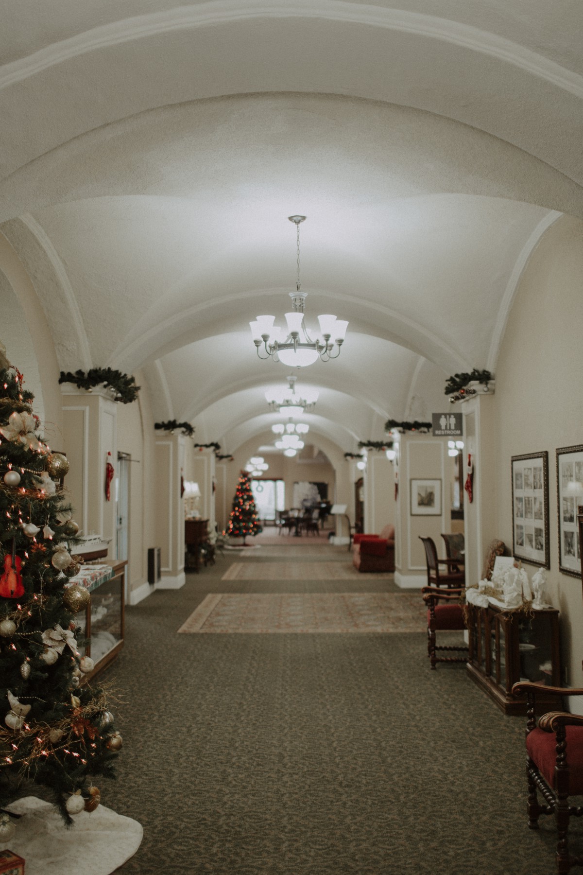 A decorated hallway with Christmas trees and chandeliers under an arched ceiling.