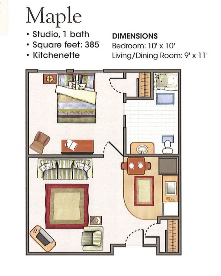 Studio apartment floor plan with dimensions and layout details.