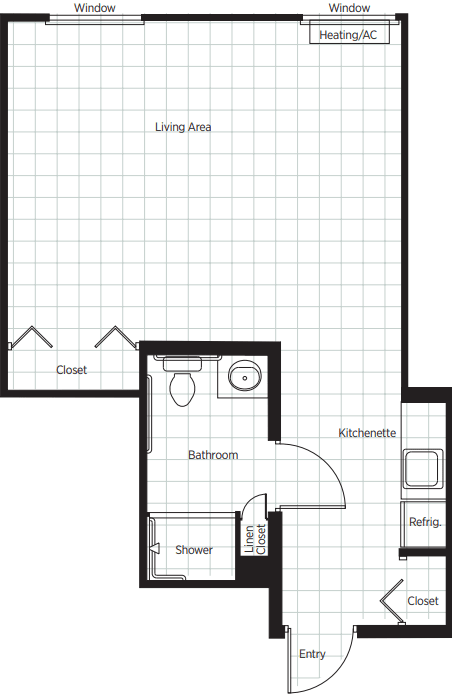 Studio apartment floor plan with bathroom and kitchen area.