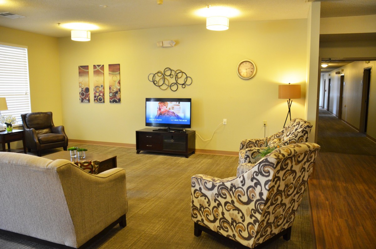 A cozy living room with patterned armchairs, a television, and decorative wall art.