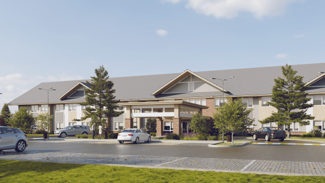 Exterior view of a residential building with a parking lot and cars.