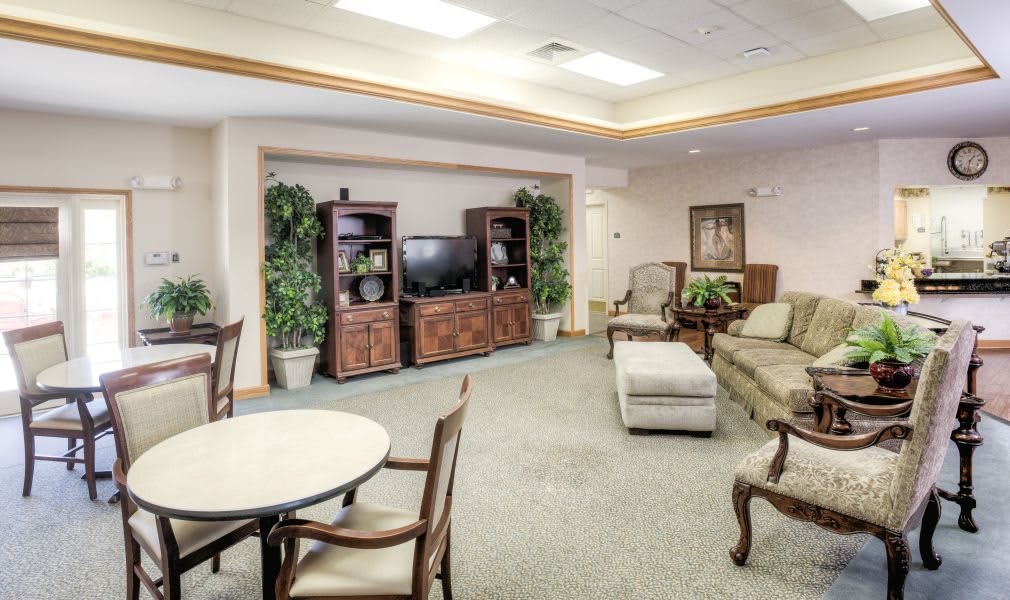 Spacious, well-lit living room with elegant furniture and a central entertainment unit.