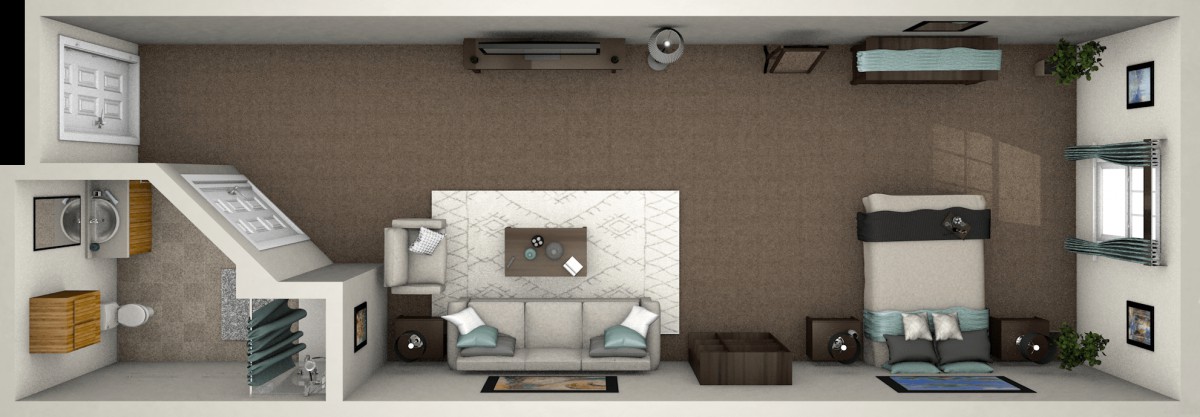 A top view of a modern living room with a sofa and stylish decor.