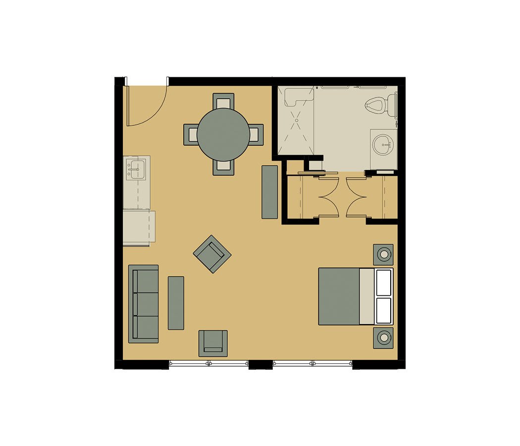 A compact apartment floor plan featuring a combined living and dining area, a bedroom, and a bathroom.