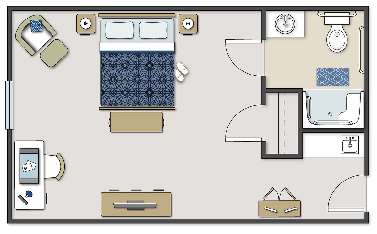 A simple floor plan of a bedroom featuring a bed, nightstands, dresser, and closet space.