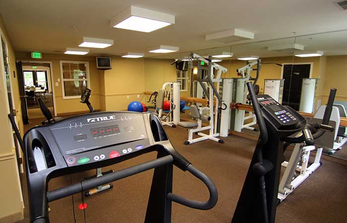 A well-equipped gym with multiple workout machines and treadmills.