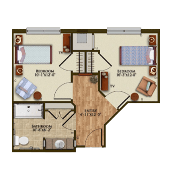 A two-bedroom apartment floor plan featuring a kitchen, bathroom, and living area.