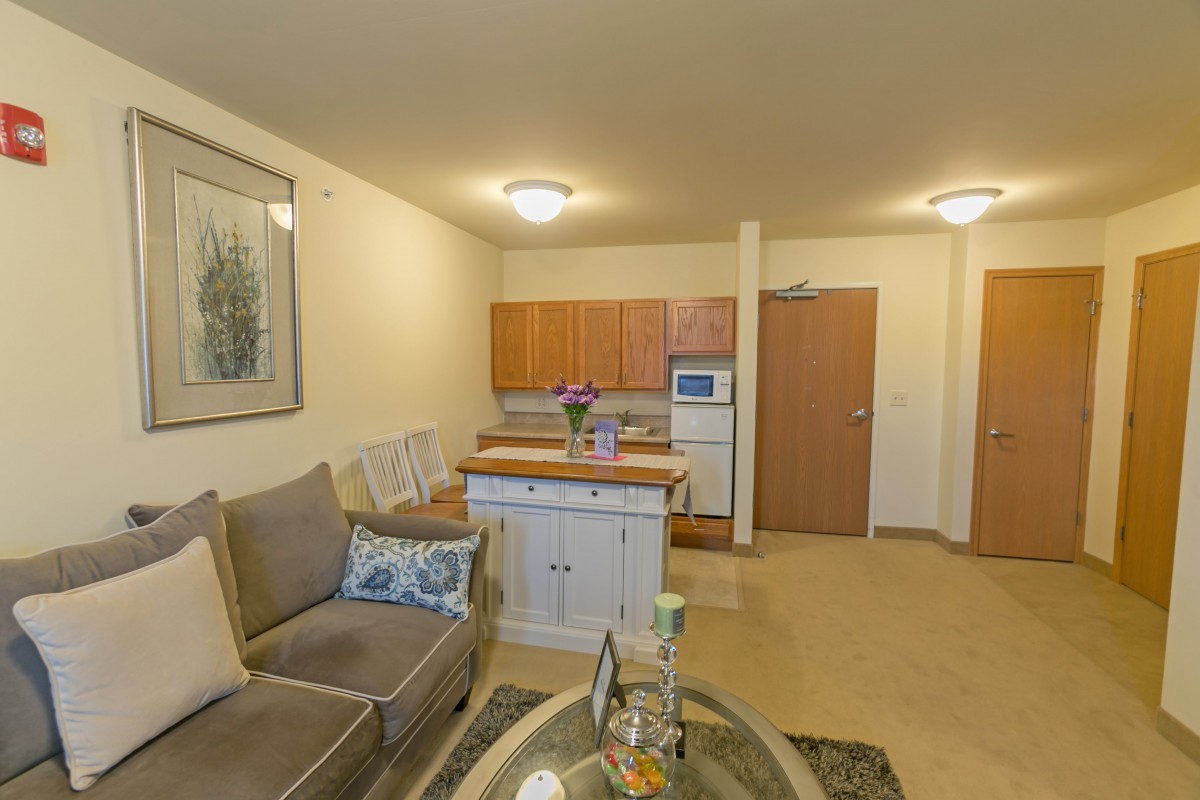 A cozy apartment living room with a view of the kitchen area.