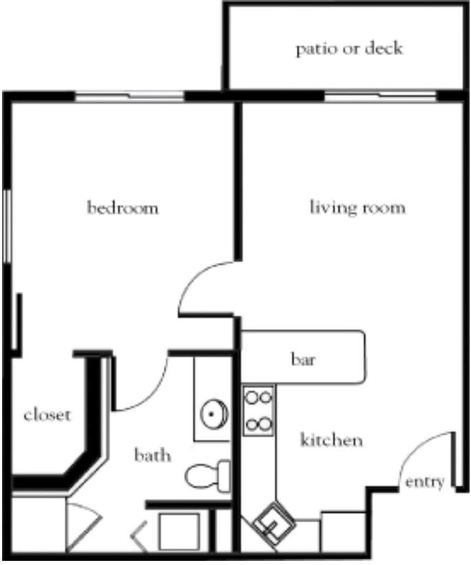 Simple one-bedroom apartment floor plan with kitchen, living room, bathroom, and balcony.