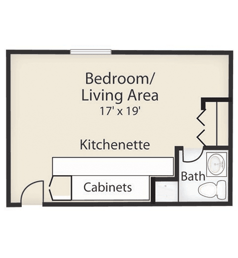 Studio apartment floor plan with a combined bedroom/living area, kitchenette, and bathroom.
