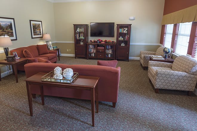 A cozy living room with sofas, a television, and decorative shelves.