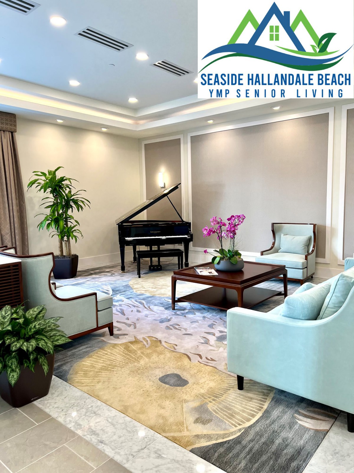 Elegant living room with a grand piano, comfortable seating, and lush plants.