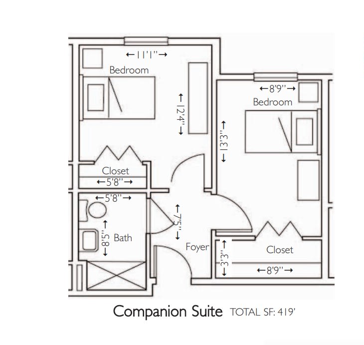 Floor plan of a companion suite with two bedrooms, a shared bath, and closets.