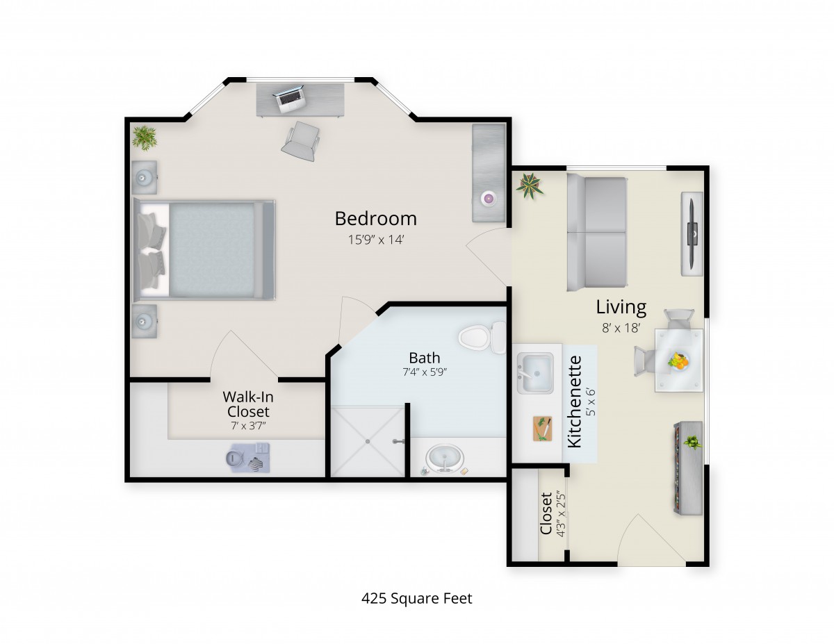 A floor plan of a one-bedroom apartment featuring a bedroom, bathroom, kitchen, and living room.